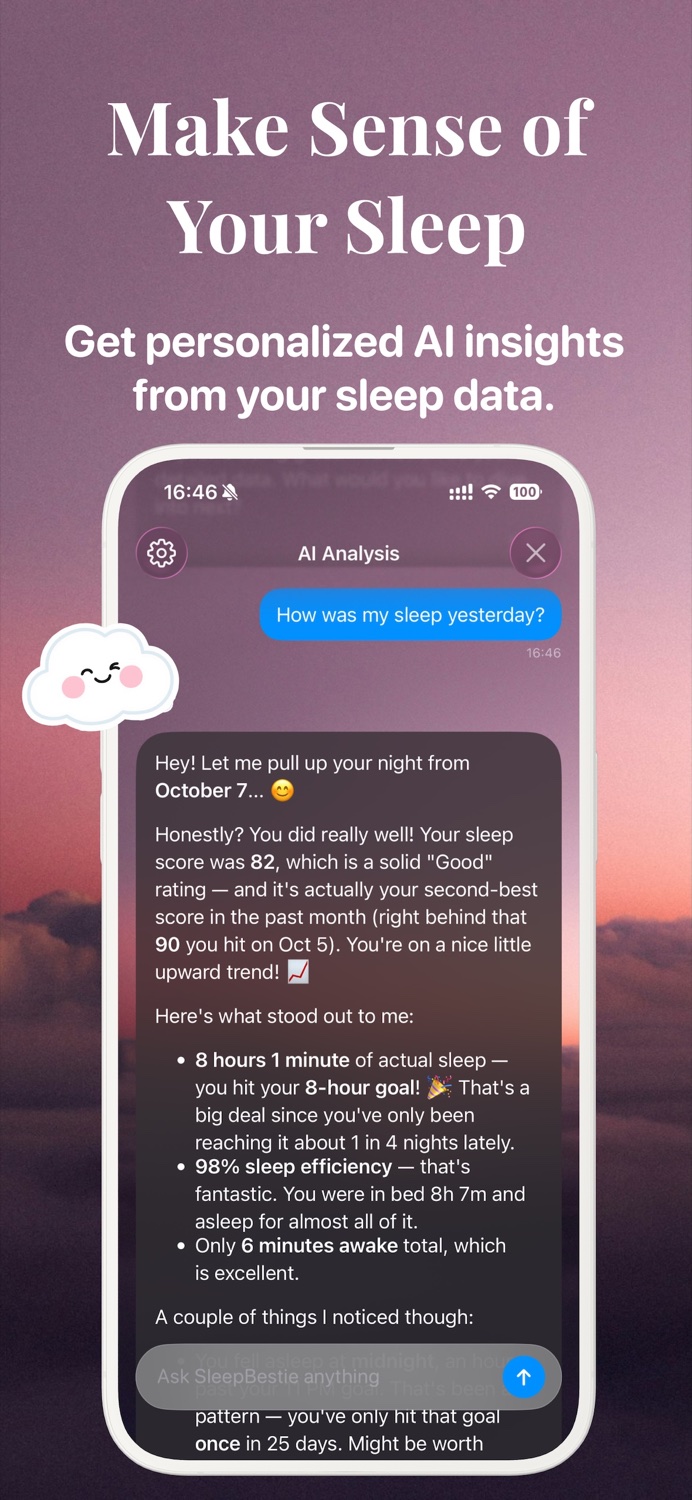 SleepBestie AI chat explaining a night of sleep
