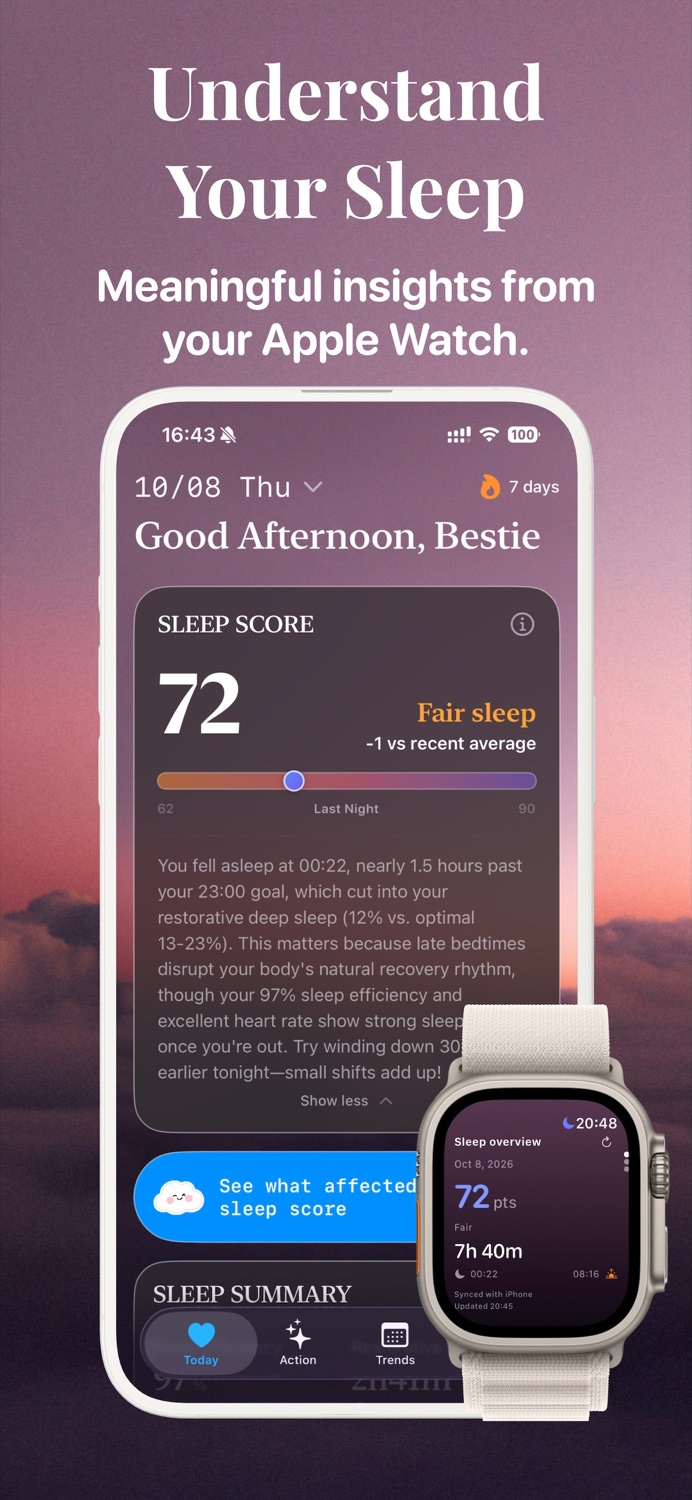 SleepBestie sleep score and summary on iPhone and Apple Watch