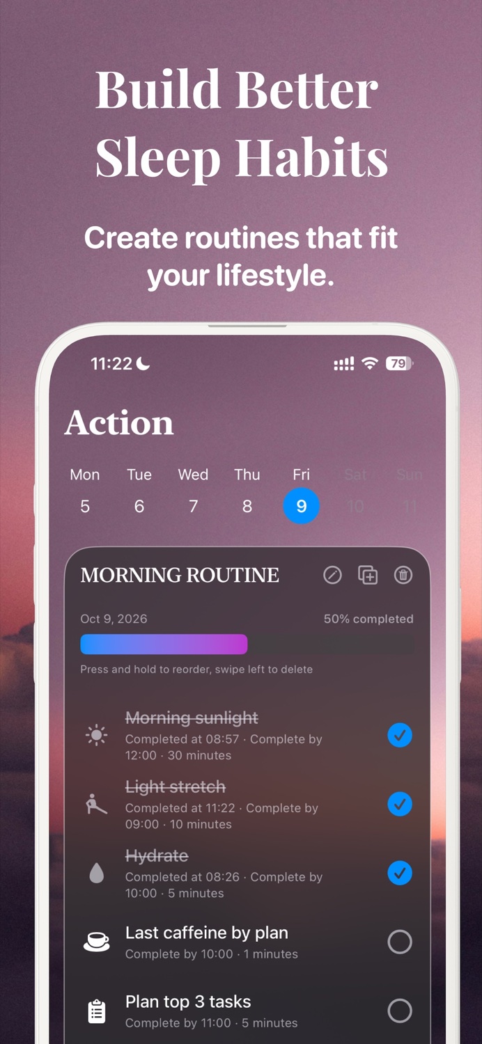 SleepBestie daily routine checklist in the Action tab
